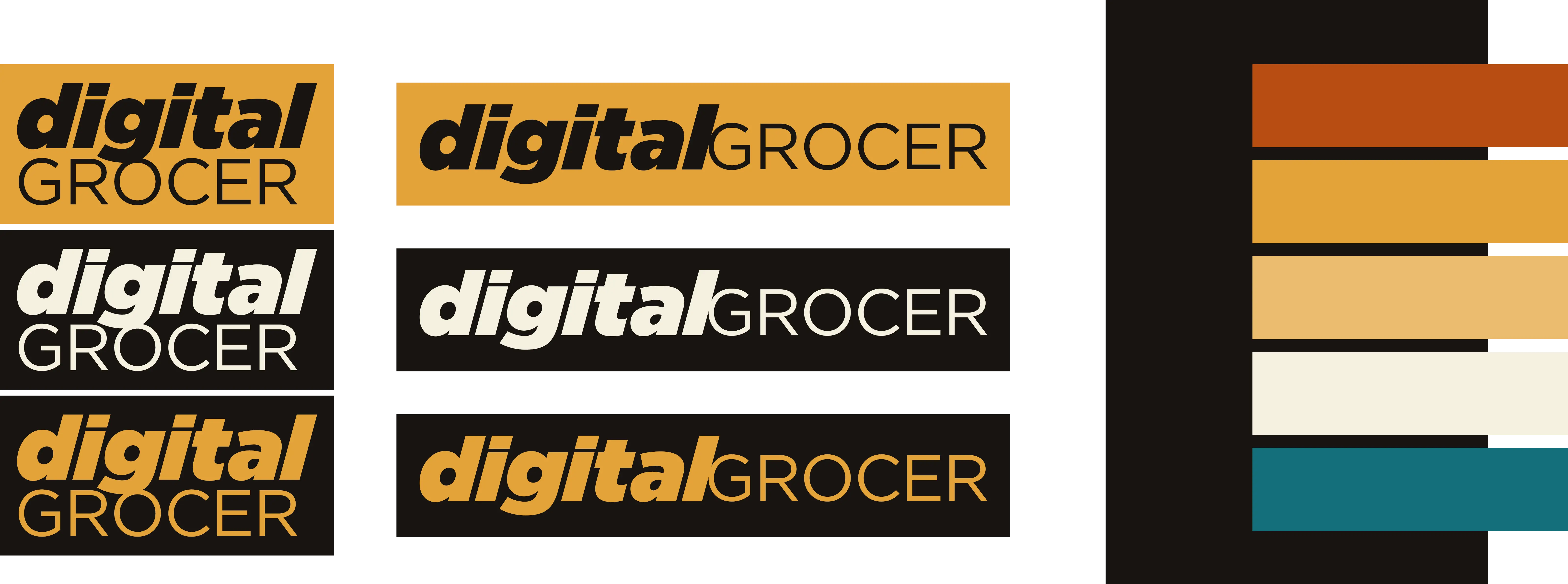 6 examples of the digital grocer logo with a palette of brand colors in orange, amber, black and blue